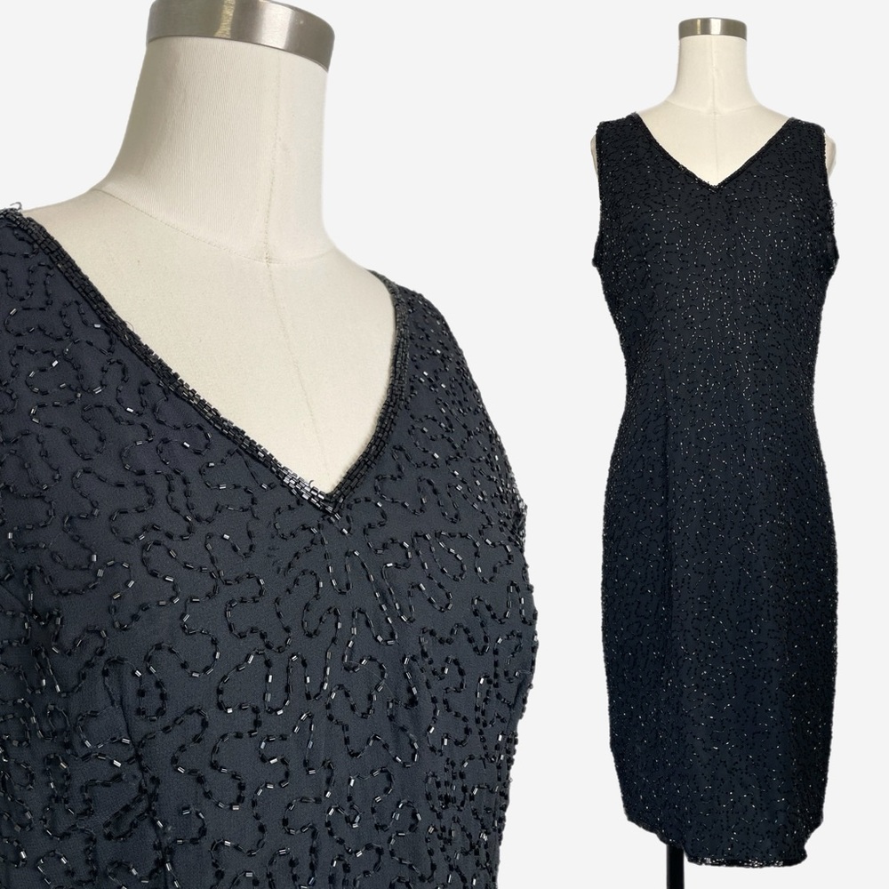 Vintage 90s JMD New York black beaded cocktail sheath dress formal holiday S/M